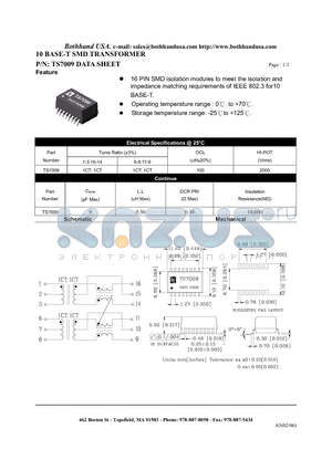 TS7009 datasheet - 10 BASE-T SMD TRANSFORMER
