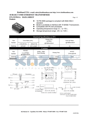 TS7011A datasheet - 10 BASE-T SMD ETHERNET TRANSFORMER