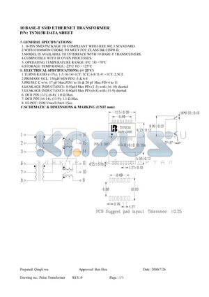 TS7013B datasheet - 10 BASE-T SMD ETHERNET TRANSFORMER