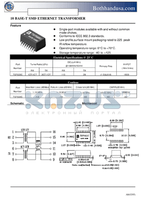 TS7022C datasheet - 10 BASE-T SMD ETHERNET TRANSFORMER