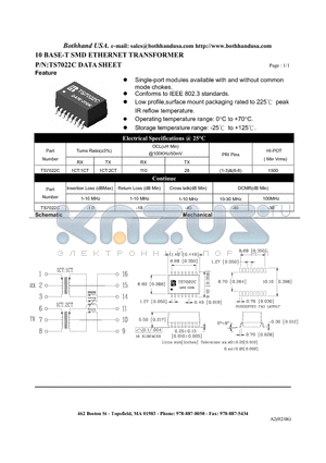 TS7022C datasheet - 10 BASE-T SMD ETHERNET TRANSFORMER