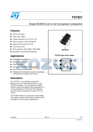 TS7221AIYLT datasheet - SINGLE BiCMOS RAIL TO RAIL uPOWER COMPARATOR