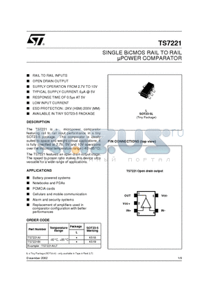 TS7221BILT datasheet - SINGLE BiCMOS RAIL TO RAIL uPOWER COMPARATOR