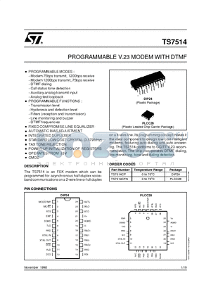 TS7514CP datasheet - PROGRAMMABLE V.23 MODEM WITH DTMF