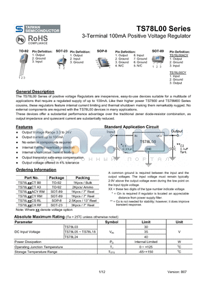 TS78L05CTA3 datasheet - 3-Terminal 100mA Positive Voltage Regulator