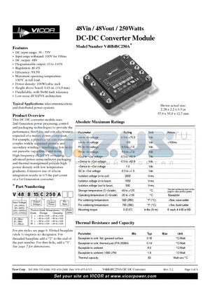 V300A15C250A datasheet - 48Vin / 48Vout / 250Watts DC-DC Converter Module