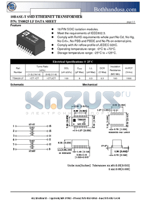 TS8025LF datasheet - 10BASE-T SMD ETHERNET TRANSFORMER