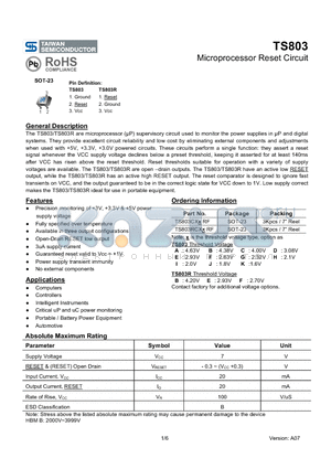 TS803CXHRF datasheet - Microprocessor Reset Circuit