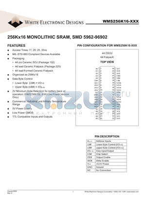 WMS256K16L-17FLMA datasheet - 256Kx16 MONOLITHIC SRAM, SMD 5962-96902