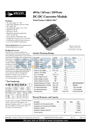 V300A15H250A datasheet - 48Vin / 24Vout / 250Watts DC-DC Converter Module