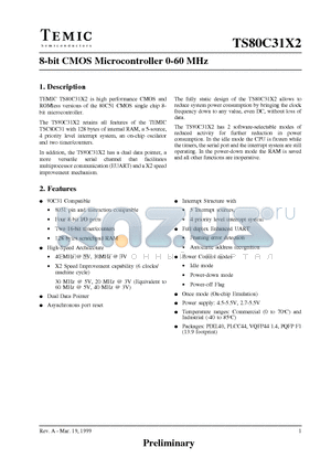 TS80C31X2-LCAR datasheet - 8-bit CMOS Microcontroller 0-60 MHz