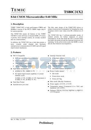 TS80C31X2-LCBD datasheet - 8-bit CMOS Microcontroller 0-60 MHz