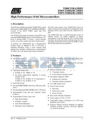 TS80C51RA2-LCJB datasheet - High Performance 8-bit Microcontrollers