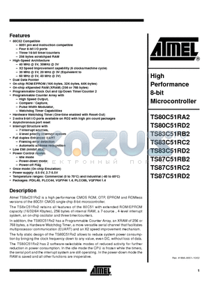 TS80C51RA2-LIA datasheet - High Performance 8-bit Microcontroller