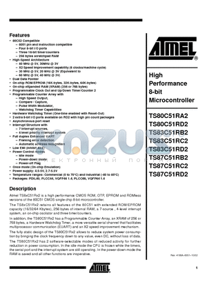 TS80C51RA2-MIE datasheet - High Performance 8-bit Microcontroller