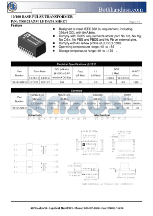 TS8121AZMLF datasheet - 10/100 BASE PULSE TRANSFORMER