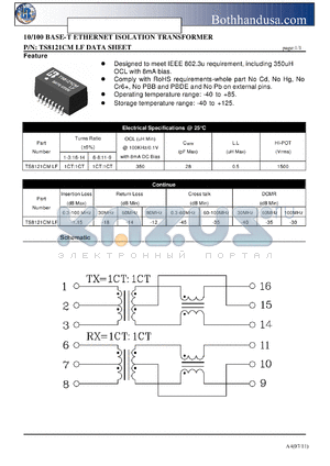 TS8121CMLF datasheet - 10/100 BASE-T ETHERNET ISOLATION TRANSFORMER