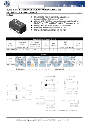 TS8121CXLF datasheet - 10/100 BASE-T ETHERNET ISOLATION TRANSFORMER