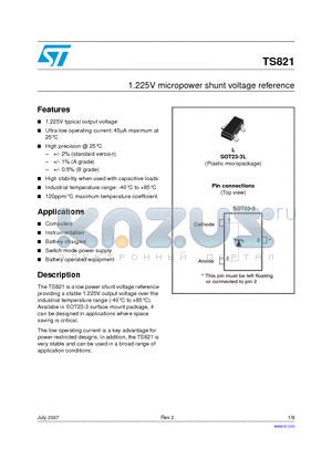 TS821AILT datasheet - 1.225V micropower shunt voltage reference