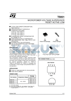 TS831-3I datasheet - MICROPOWER VOLTAGE SUPERVISOR RESET ACTIVE LOW