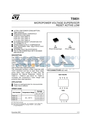 TS831_01 datasheet - MICROPOWER VOLTAGE SUPERVISOR RESET ACTIVE LOW