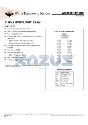 WMS512K8LV-85CMEA datasheet - 512Kx8 MONOLITHIC SRAM