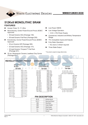 WMS512K8V-15CIA datasheet - 512Kx8 MONOLITHIC SRAM