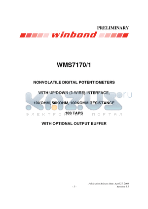 WMS7171010P datasheet - NONVOLATILE DIGITAL POTENTIOMETERS WITH UP/DOWN (3-WIRE) INTERFACE