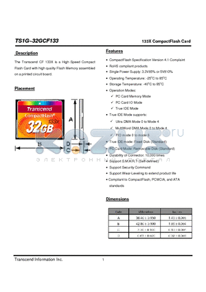 TS8GCF133 datasheet - 133X CompactFlash Card