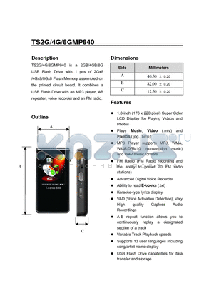 TS8GMP840 datasheet - 2GB/4GB/8G USB Flash Drive