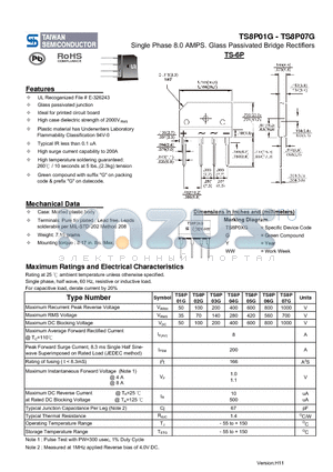 TS8P04G datasheet - Single Phase 8.0 AMPS. Glass Passivated Bridge Rectifiers
