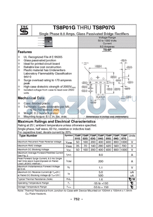 TS8P07G datasheet - Single Phase 8.0 Amps. Glass Passivated Bridge Rectifiers
