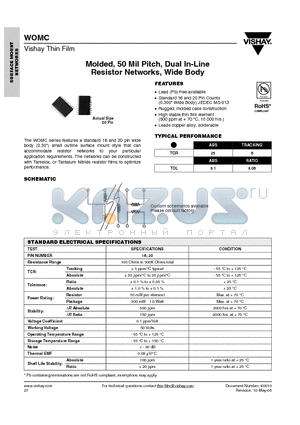 WOMC1XX-XXX-XT5 datasheet - Molded, 50 Mil Pitch, Dual In-Line Resistor Networks, Wide Body