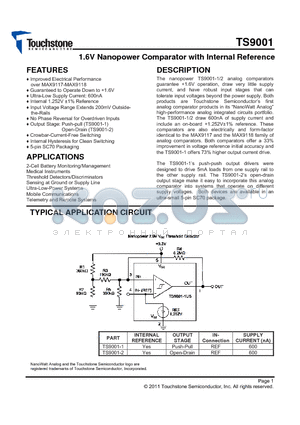 TS9001 datasheet - 1.6V Nanopower Comparator with Internal Reference
