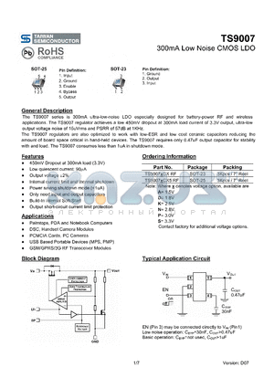 TS9007XCX5RF datasheet - 300mA Low Noise CMOS LDO