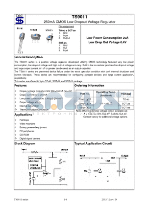 TS9011DCY datasheet - 250mA CMOS Low Dropout Voltage Regulator