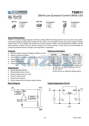 TS9011_07 datasheet - 250mA Low Quiescent Current CMOS LDO