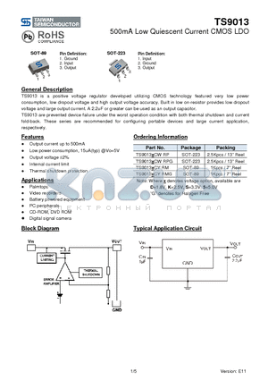 TS9013CWRPG datasheet - 500mA Low Quiescent Current CMOS LDO