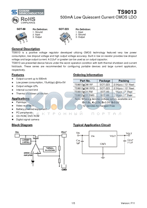 TS9013XCYRM datasheet - 500mA Low Quiescent Current CMOS LDO