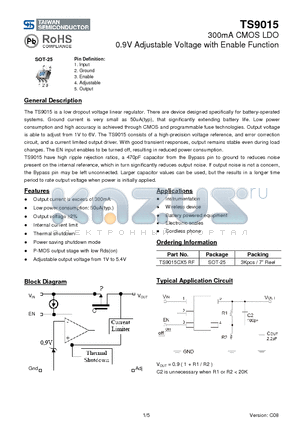 TS9015 datasheet - 300mA CMOS LDO 0.9V Adjustable Voltage with Enable Function