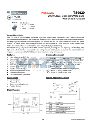 TS9020 datasheet - 200mA Dual Channel CMOS LDO with Enable Function