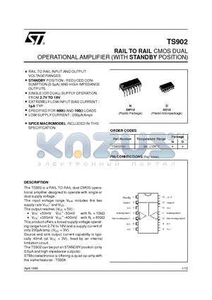 TS902AI datasheet - RAIL TO RAIL CMOS DUAL OPERATIONAL AMPLIFIER WITH STANDBY POSITION