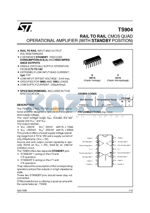 TS904I datasheet - RAIL TO RAIL CMOS QUAD OPERATIONAL AMPLIFIER WITH STANDBY POSITION