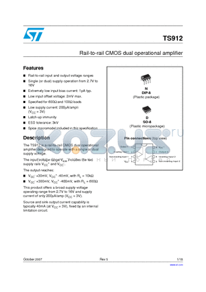 TS912 datasheet - Rail-to-rail CMOS dual operational amplifier