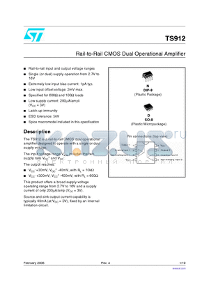TS912AID datasheet - Rail-to-Rail CMOS Dual Operational Amplifier