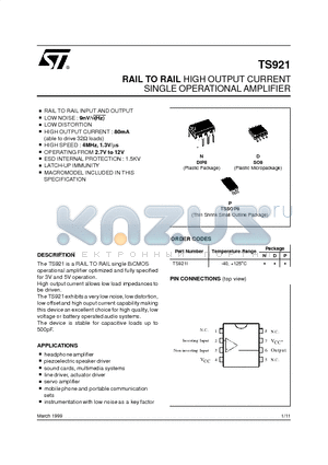 TS921 datasheet - RAIL TO RAIL HIGH OUTPUT CURRENT SINGLE OPERATIONAL AMPLIFIER