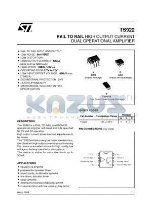TS922A datasheet - RAIL TO RAIL HIGH OUTPUT CURRENT DUAL OPERATIONAL AMPLIFIER