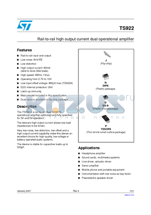 TS922AIYPT datasheet - Rail-to-rail high output current dual operational amplifier