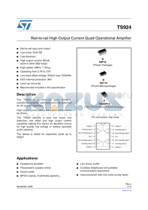 TS924 datasheet - Rail-to-rail High Output Current Quad Operational Amplifier