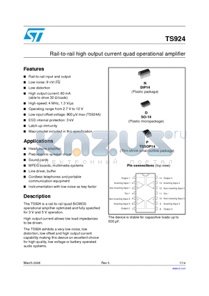 TS924AIYD datasheet - Rail-to-rail high output current quad operational amplifier